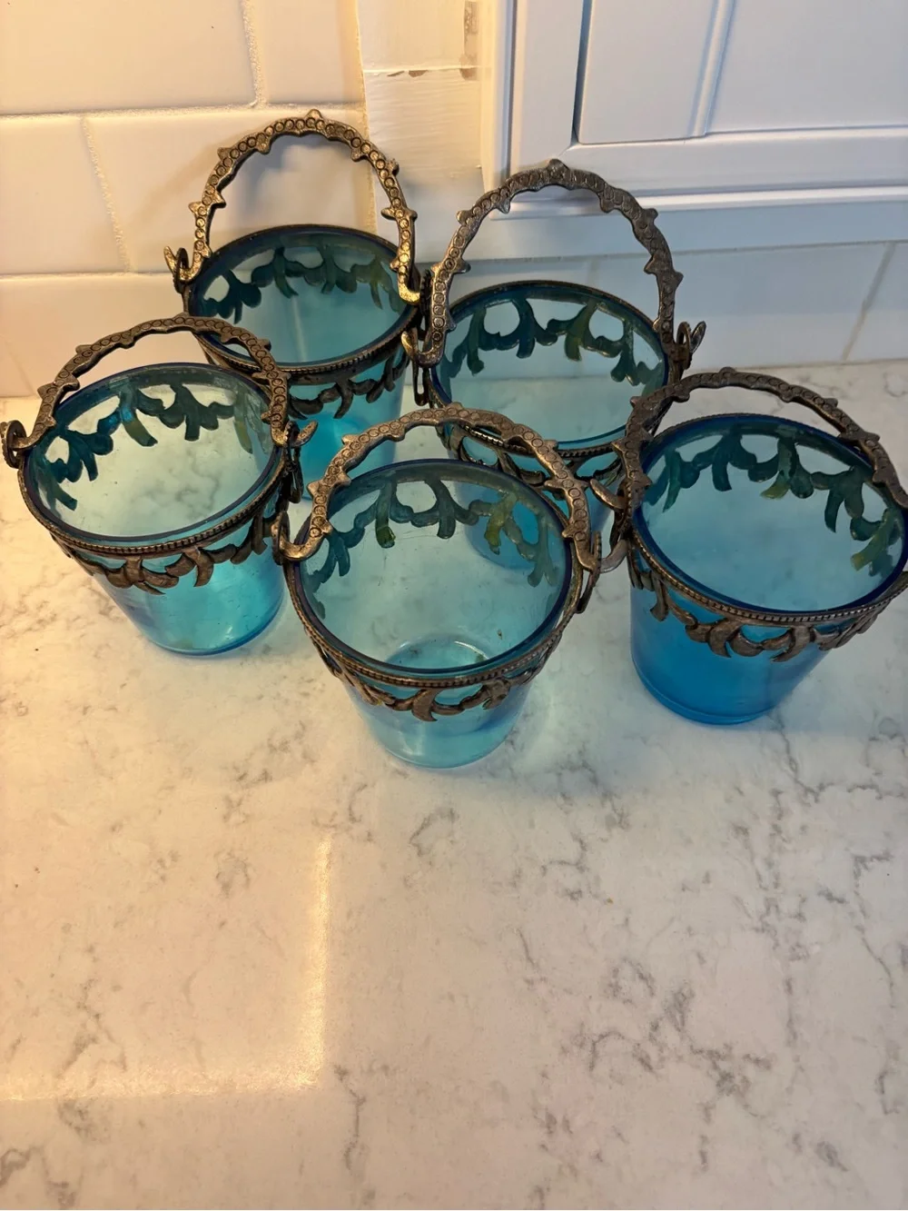Decorative Blue Glass Tea Light Holders with Ornate Metal Handles